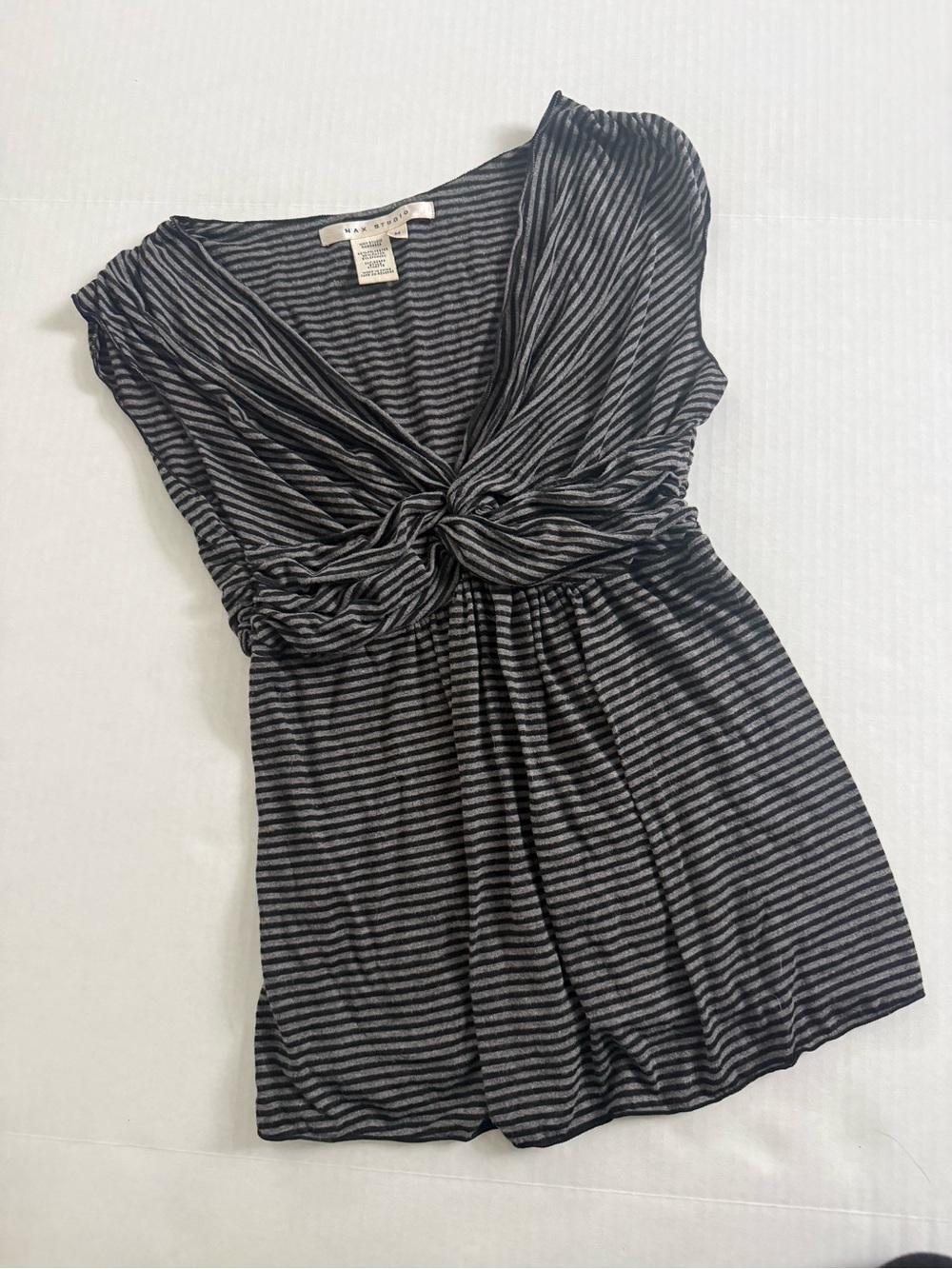 Max Studio Black & Gray Striped Twist-Front V-Neck Babydoll Top